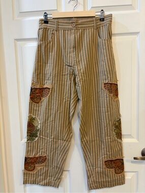 NWT A Rare Bird Wide-Leg Striped Patchwork ButterflyTrousers in Beige & Blue